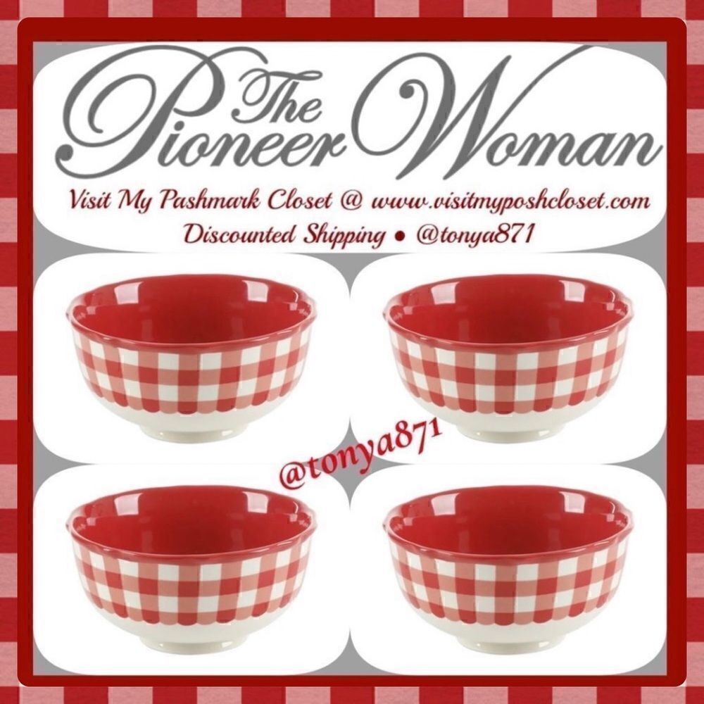 🦋 New Pioneer Woman Red Gingham Cereal Bowl, Qty 4